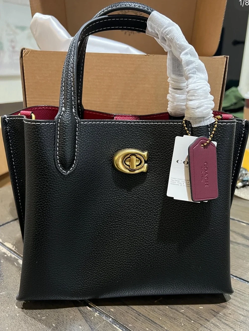 Coach Black Pebbled Leather Satchel with Berry Tag and Gold Turnlock